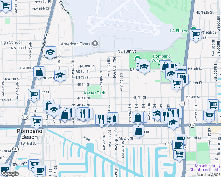 map of restaurants, bars, coffee shops, grocery stores, and more near 506 Northeast 10th Avenue in Pompano Beach