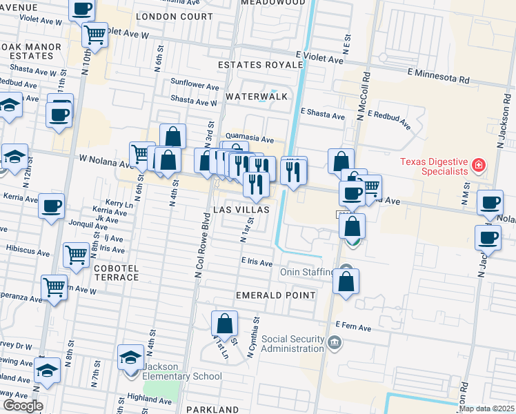 map of restaurants, bars, coffee shops, grocery stores, and more near 3808 North 1st Street in McAllen