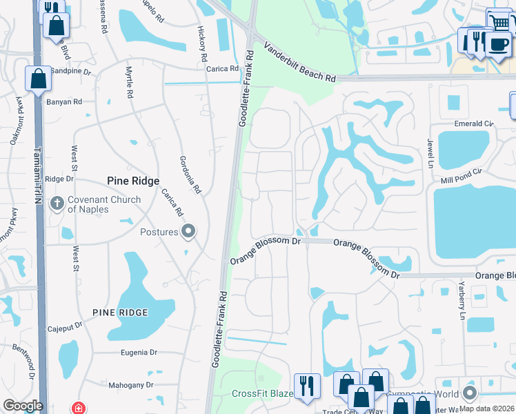 map of restaurants, bars, coffee shops, grocery stores, and more near 6800 Satinleaf Road South in Naples