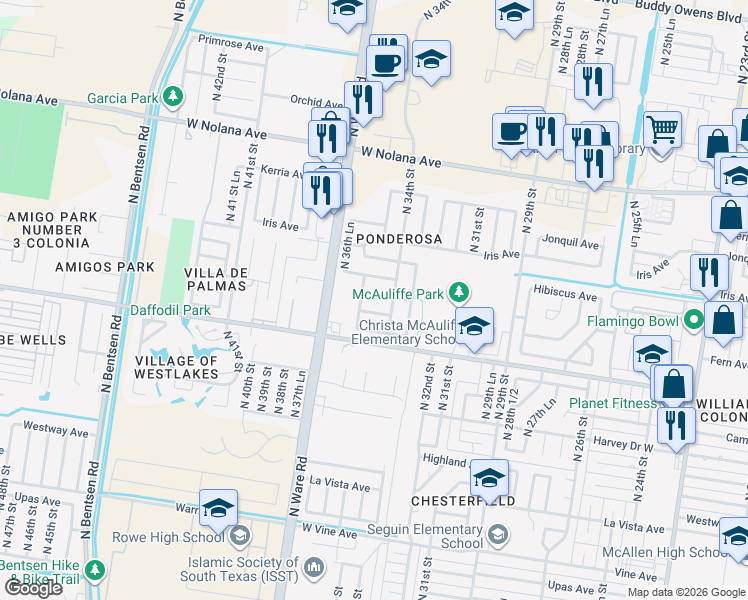 map of restaurants, bars, coffee shops, grocery stores, and more near 3413 Fern Avenue West in McAllen