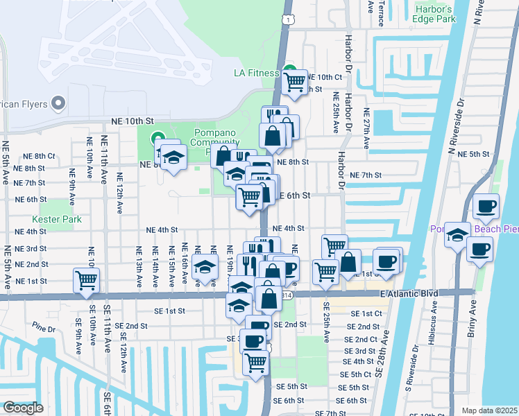 map of restaurants, bars, coffee shops, grocery stores, and more near 505 U.S. 1 in Pompano Beach