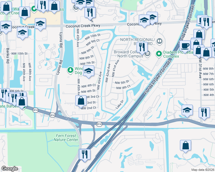 map of restaurants, bars, coffee shops, grocery stores, and more near 500 Northwest 42nd Avenue in Coconut Creek