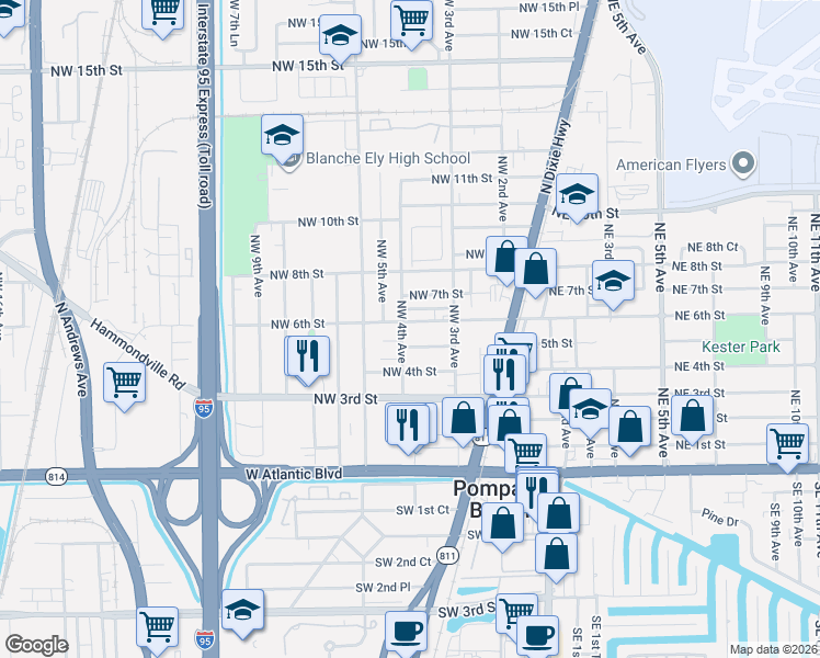 map of restaurants, bars, coffee shops, grocery stores, and more near 344 Northwest 6th Street in Pompano Beach