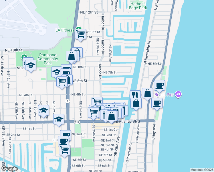 map of restaurants, bars, coffee shops, grocery stores, and more near 2631 Northeast 5th Street in Pompano Beach