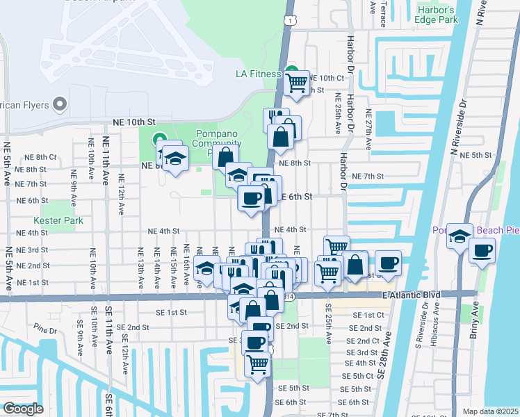 map of restaurants, bars, coffee shops, grocery stores, and more near 509 North Federal Highway in Pompano Beach