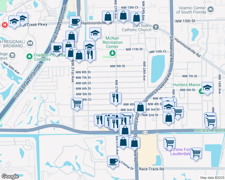 map of restaurants, bars, coffee shops, grocery stores, and more near 2710 Northwest 6th Street in Pompano Beach