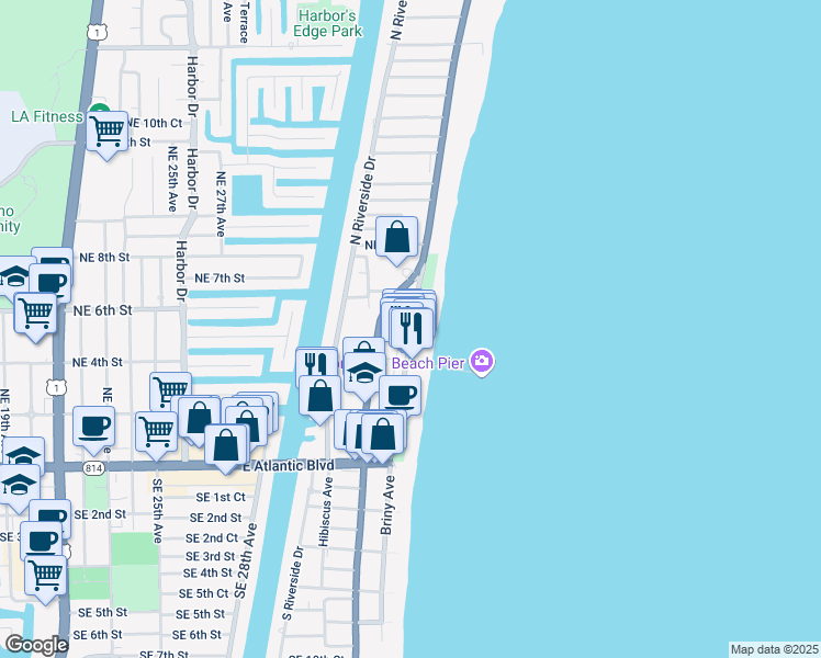 map of restaurants, bars, coffee shops, grocery stores, and more near 3460 Northeast 3rd Street in Pompano Beach