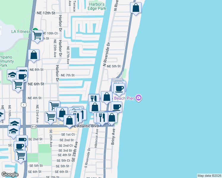 map of restaurants, bars, coffee shops, grocery stores, and more near 201 Jimmy Buffett Memorial Highway in Pompano Beach