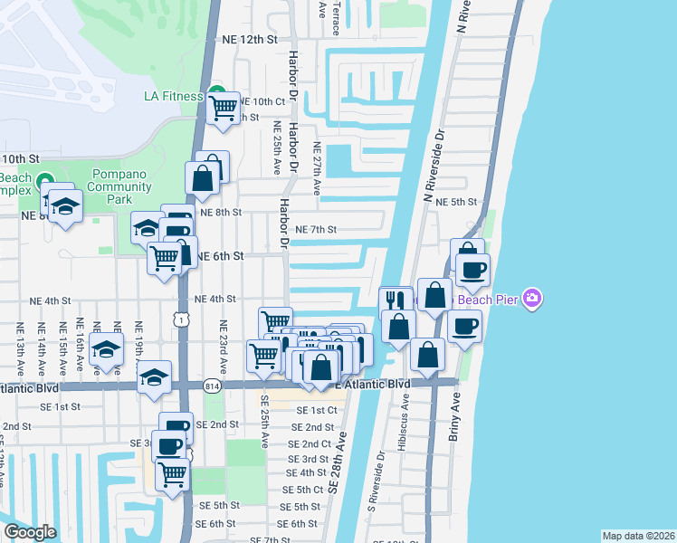 map of restaurants, bars, coffee shops, grocery stores, and more near 2741 Northeast 5th Street in Pompano Beach