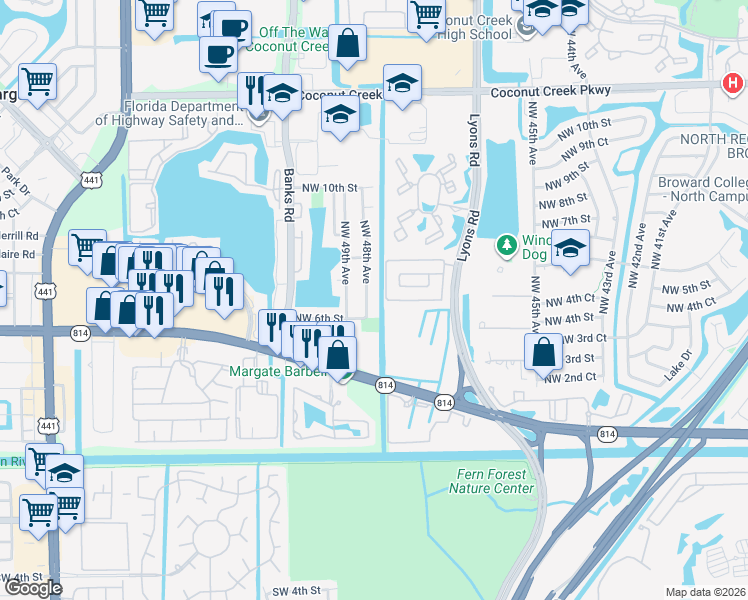 map of restaurants, bars, coffee shops, grocery stores, and more near 641 Northwest 48th Avenue in Coconut Creek