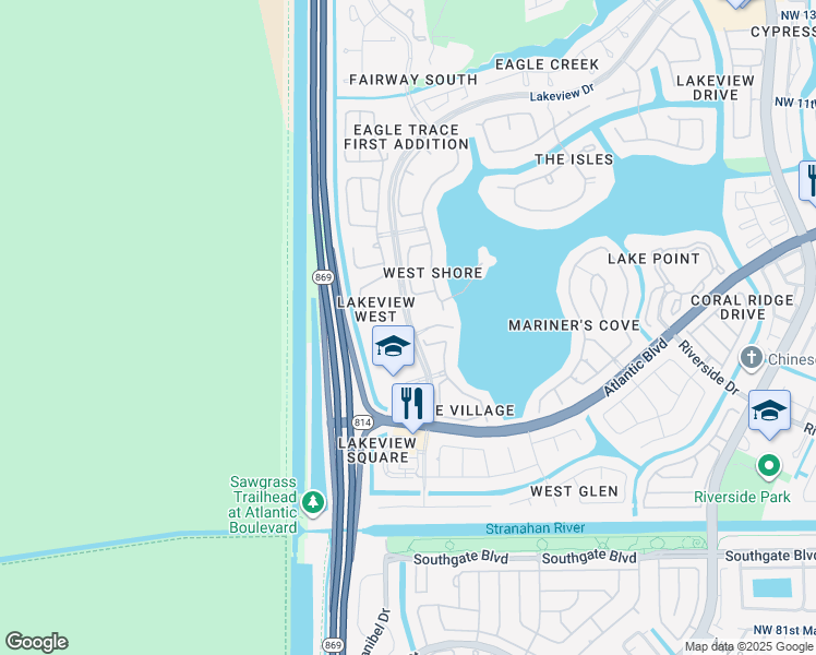 map of restaurants, bars, coffee shops, grocery stores, and more near Lakeview Drive in Coral Springs
