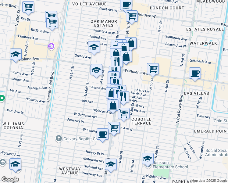 map of restaurants, bars, coffee shops, grocery stores, and more near 3607 North 10th Street in McAllen