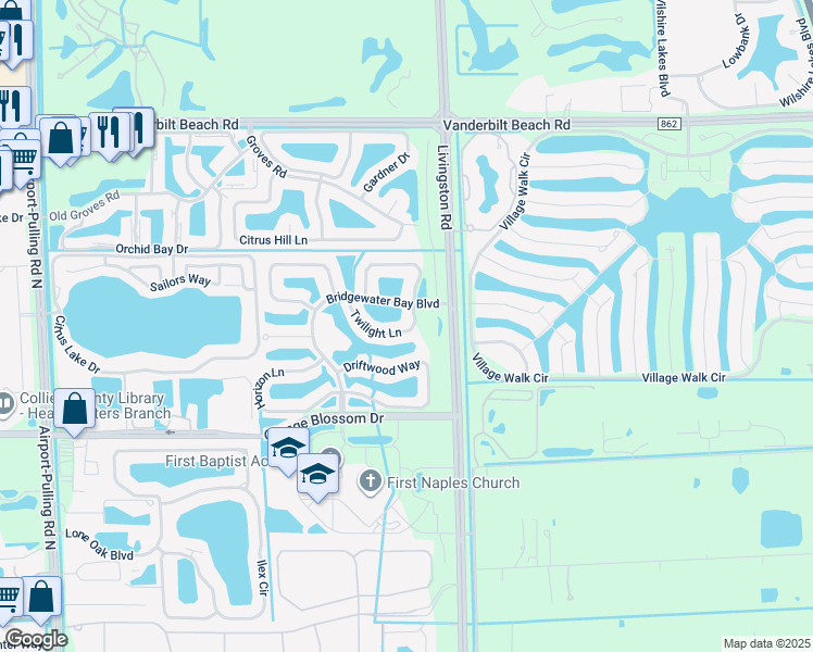 map of restaurants, bars, coffee shops, grocery stores, and more near 3303 Twilight Lane in Naples