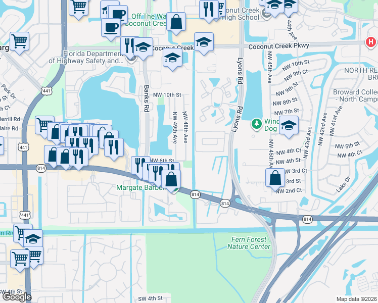 map of restaurants, bars, coffee shops, grocery stores, and more near 641 Northwest 48th Avenue in Coconut Creek