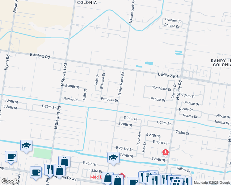 map of restaurants, bars, coffee shops, grocery stores, and more near 3003 North Glasscock Road in Mission