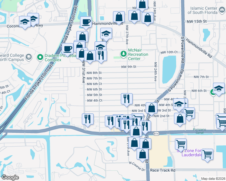 map of restaurants, bars, coffee shops, grocery stores, and more near 2768 Northwest 6th Street in Pompano Beach