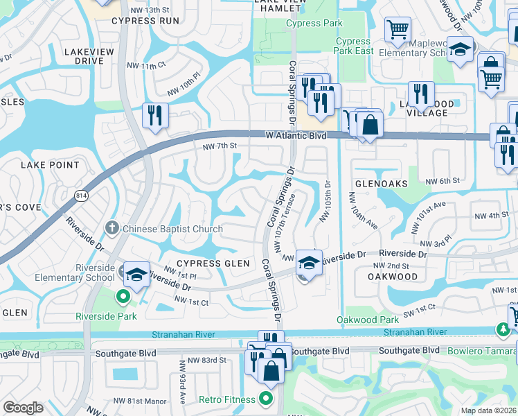 map of restaurants, bars, coffee shops, grocery stores, and more near 10885 Northwest 4th Street in Coral Springs