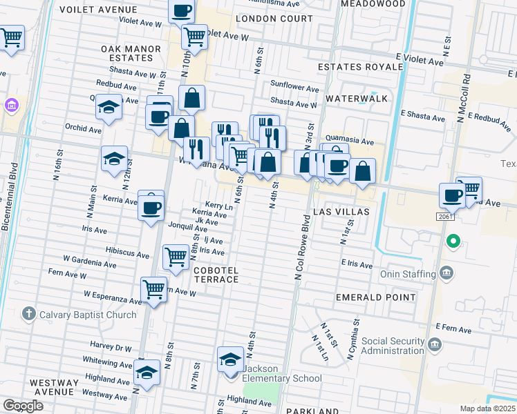 map of restaurants, bars, coffee shops, grocery stores, and more near 412 Larkspur Avenue in McAllen