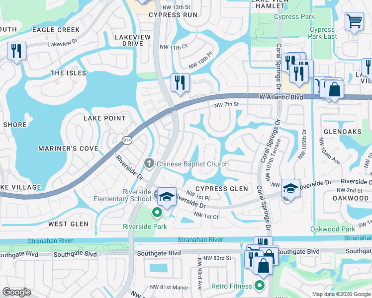 map of restaurants, bars, coffee shops, grocery stores, and more near 440 Northwest 113th Avenue in Coral Springs