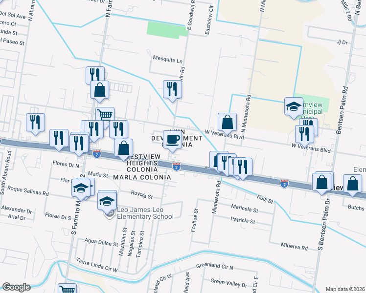 map of restaurants, bars, coffee shops, grocery stores, and more near 1104 Mesquite Drive in Palmview