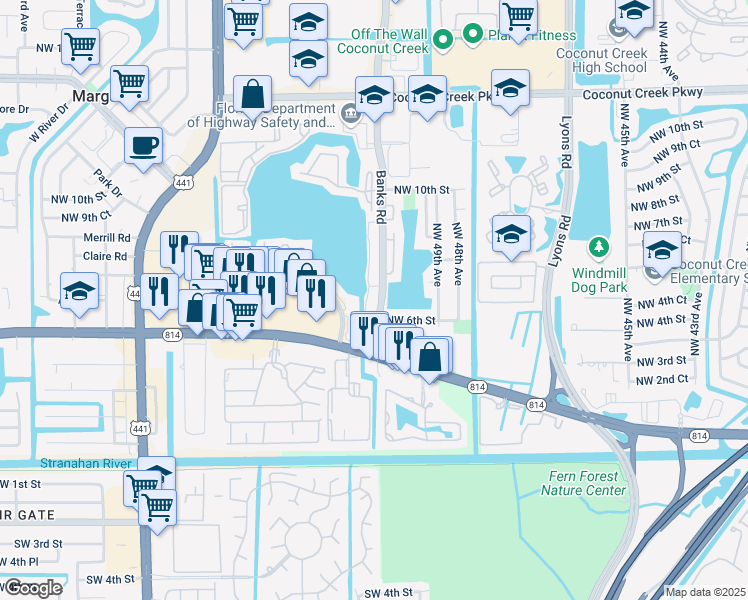 map of restaurants, bars, coffee shops, grocery stores, and more near 451 Banks Road in Margate