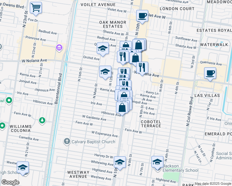 map of restaurants, bars, coffee shops, grocery stores, and more near 1105 Kerria Avenue in McAllen