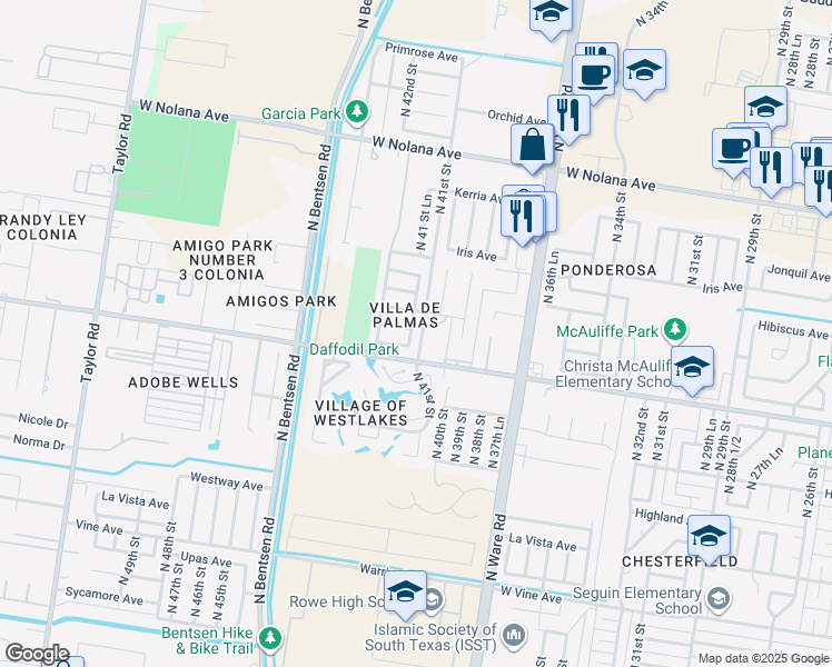 map of restaurants, bars, coffee shops, grocery stores, and more near 3110 41st Lane in McAllen