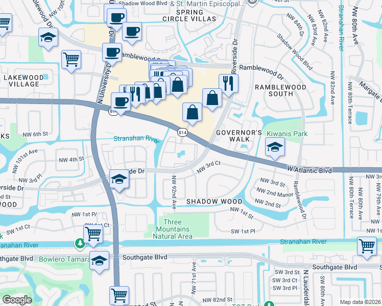 map of restaurants, bars, coffee shops, grocery stores, and more near 9000 West Atlantic Boulevard in Coral Springs