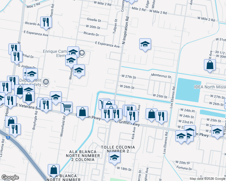map of restaurants, bars, coffee shops, grocery stores, and more near 1907 West 25th 1/2 Street in Mission