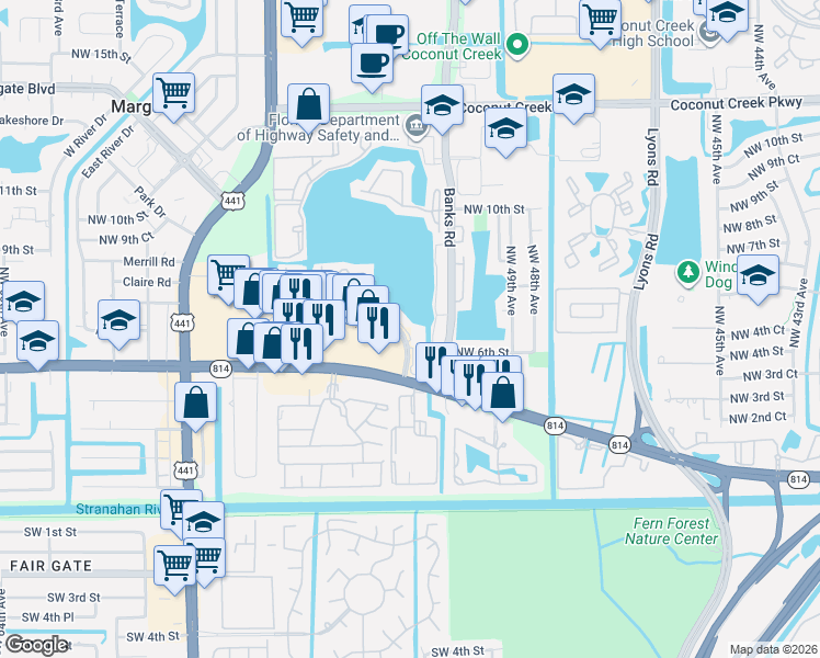 map of restaurants, bars, coffee shops, grocery stores, and more near 416 Lakeside Drive in Margate