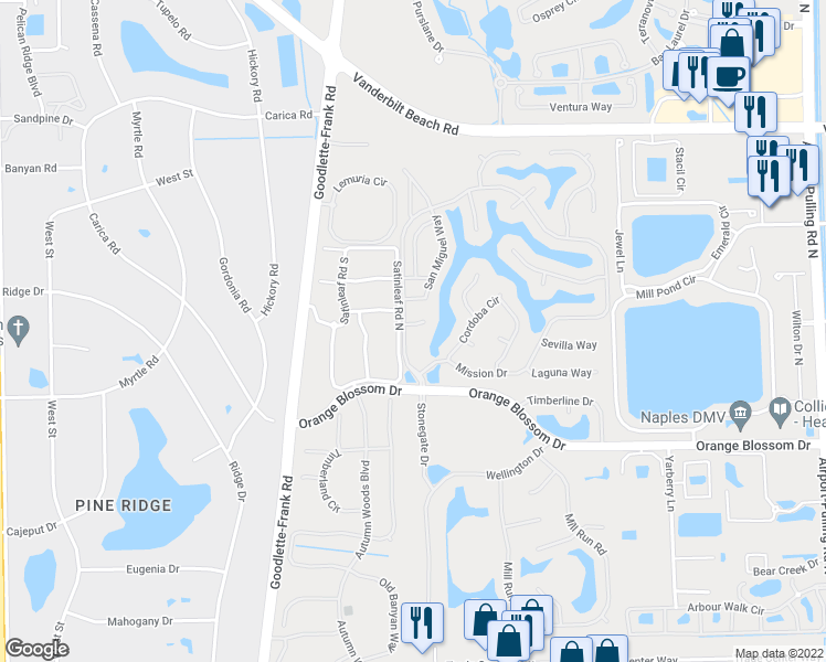 map of restaurants, bars, coffee shops, grocery stores, and more near 1720 San Bernadino Way in Naples