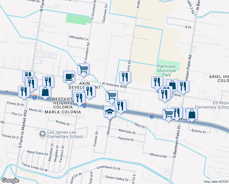 map of restaurants, bars, coffee shops, grocery stores, and more near 495 Minnesota Road in Palmview