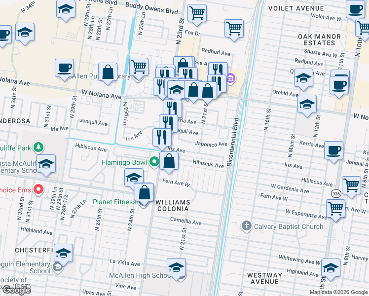 map of restaurants, bars, coffee shops, grocery stores, and more near 2125 West Iris Avenue in McAllen