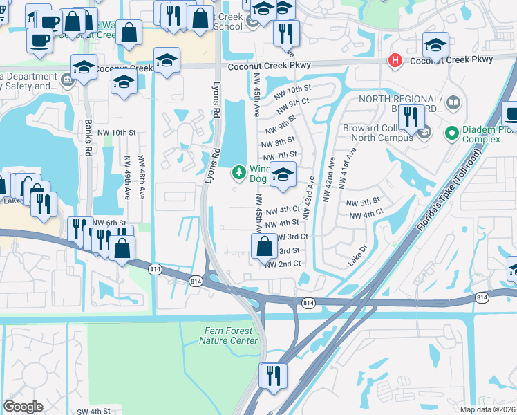 map of restaurants, bars, coffee shops, grocery stores, and more near 4500 Briarcliff Lane in Coconut Creek