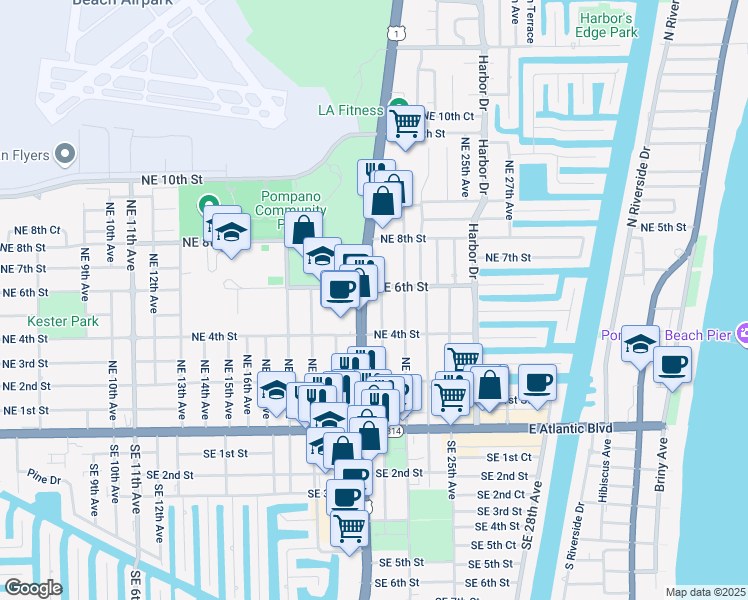 map of restaurants, bars, coffee shops, grocery stores, and more near 504 North Federal Highway in Pompano Beach