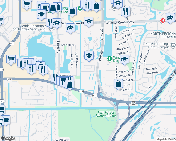 map of restaurants, bars, coffee shops, grocery stores, and more near 4761 Northwest 5th Court in Coconut Creek