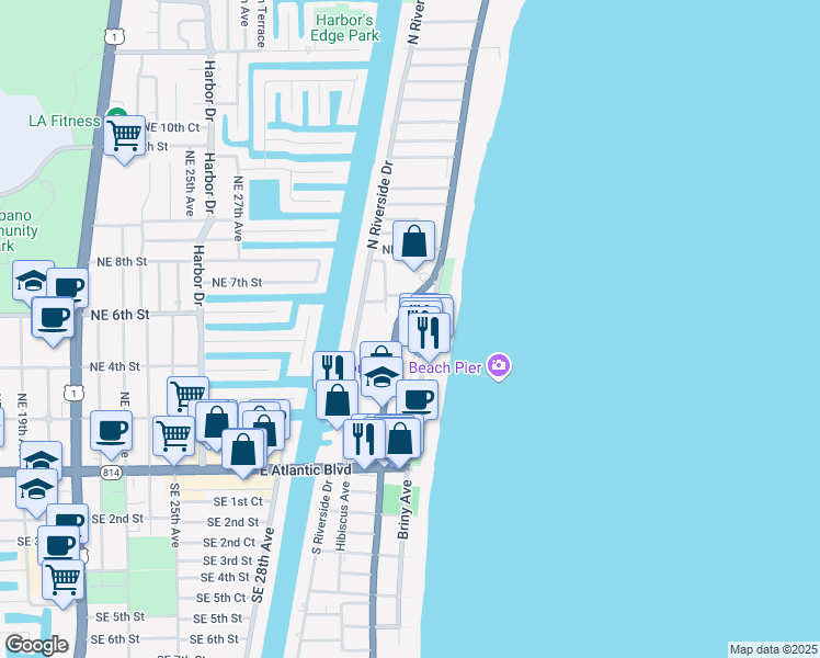 map of restaurants, bars, coffee shops, grocery stores, and more near 3460 Northeast 3rd Street in Pompano Beach