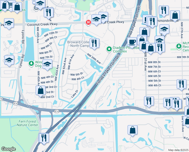map of restaurants, bars, coffee shops, grocery stores, and more near 3890 Northwest 4th Court in Coconut Creek
