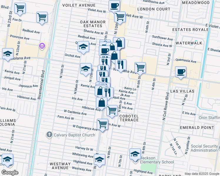 map of restaurants, bars, coffee shops, grocery stores, and more near 3607 North 10th Street in McAllen
