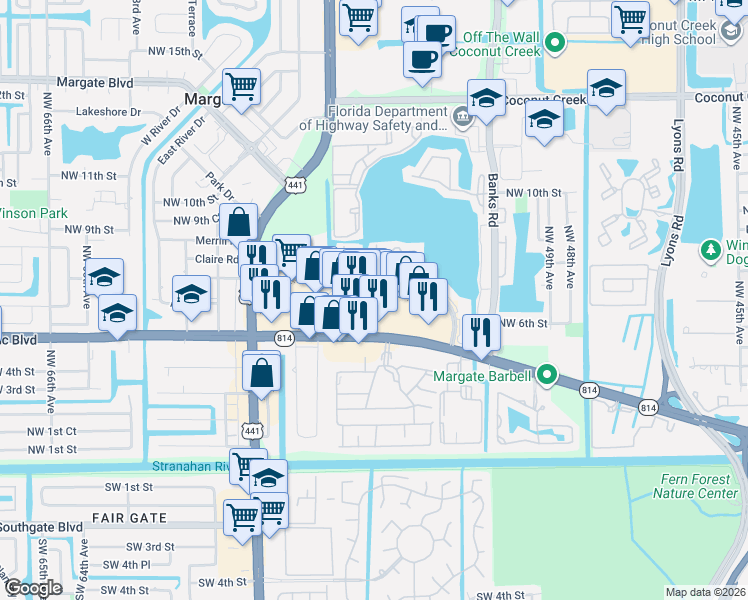 map of restaurants, bars, coffee shops, grocery stores, and more near 4540 Lakeside Drive in Margate
