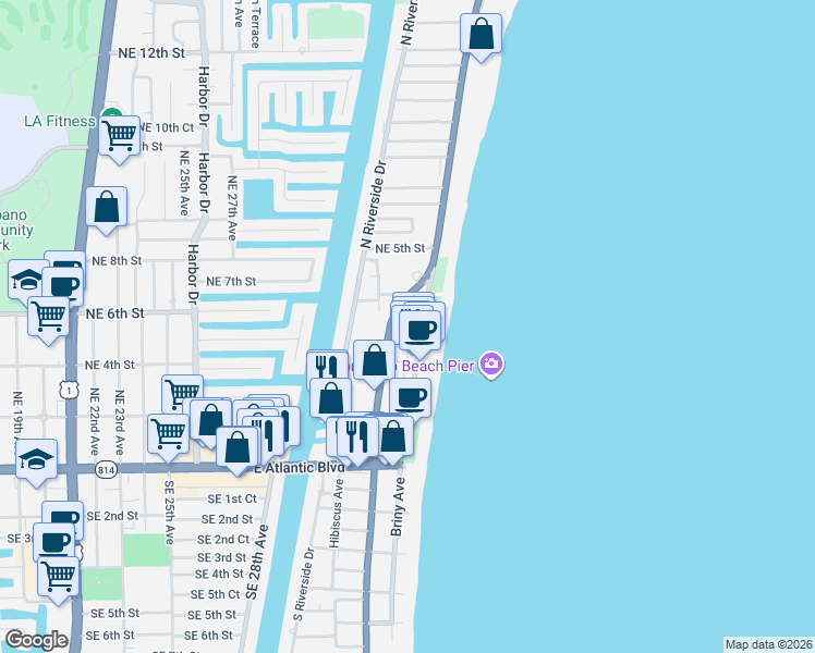 map of restaurants, bars, coffee shops, grocery stores, and more near 3460 Northeast 3rd Street in Pompano Beach