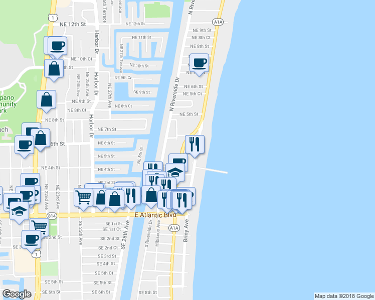 map of restaurants, bars, coffee shops, grocery stores, and more near 3460 Northeast 3rd Street in Pompano Beach