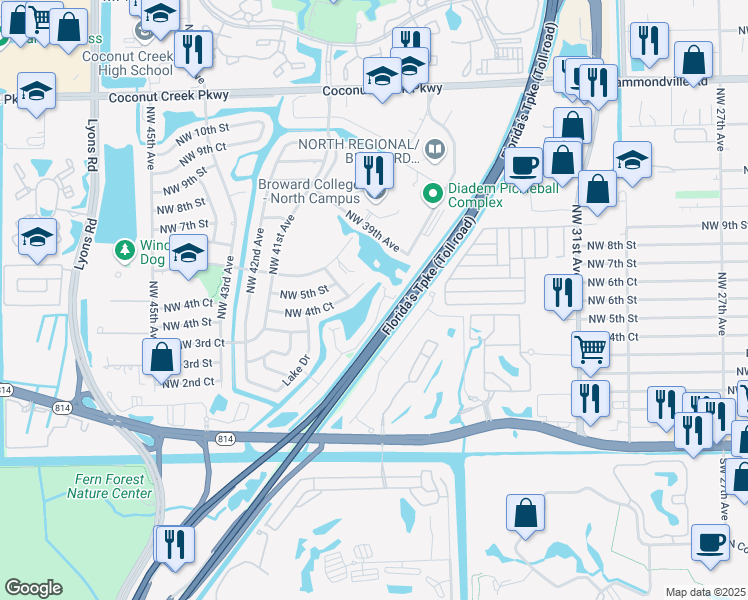 map of restaurants, bars, coffee shops, grocery stores, and more near 3890 Northwest 4th Court in Coconut Creek