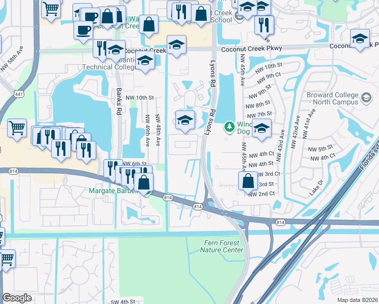 map of restaurants, bars, coffee shops, grocery stores, and more near 4736 Northwest 5th Court in Coconut Creek