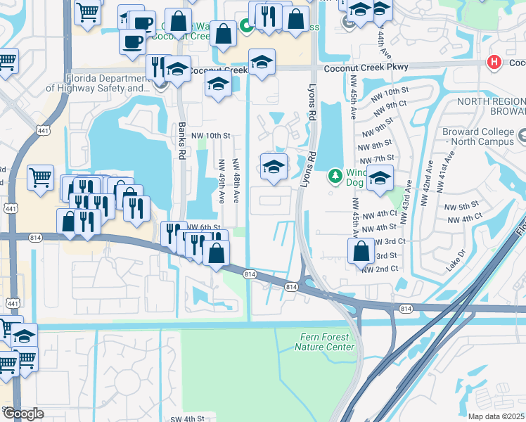 map of restaurants, bars, coffee shops, grocery stores, and more near 4796 Northwest 5th Court in Coconut Creek