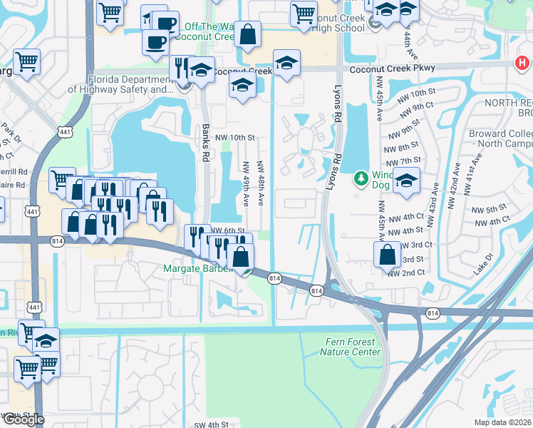 map of restaurants, bars, coffee shops, grocery stores, and more near 641 Northwest 48th Avenue in Coconut Creek