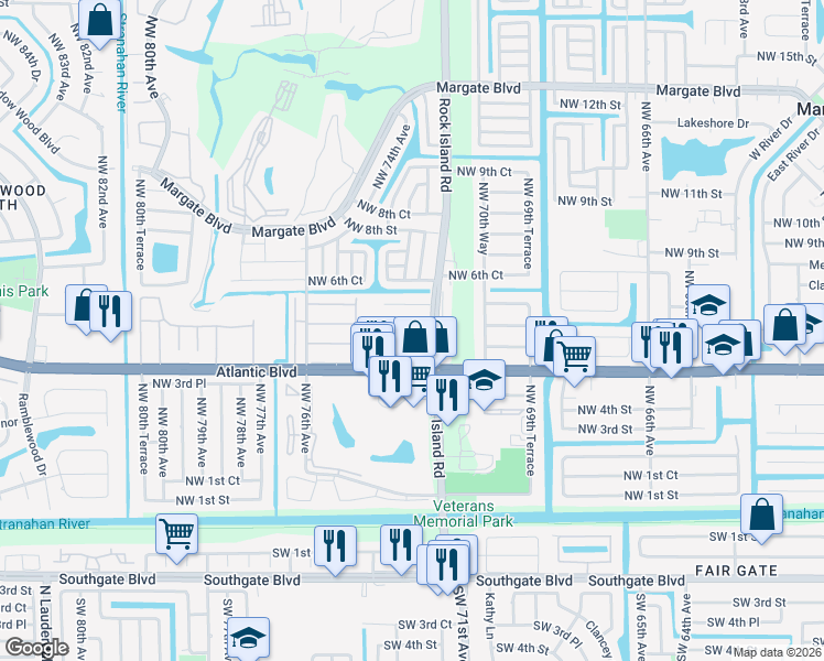 map of restaurants, bars, coffee shops, grocery stores, and more near 21 Northwest 4th Place in Margate