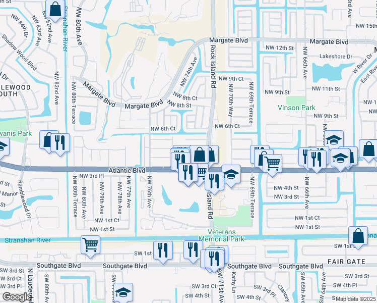 map of restaurants, bars, coffee shops, grocery stores, and more near 21 Northwest 4th Place in Margate