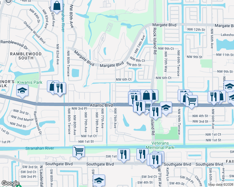 map of restaurants, bars, coffee shops, grocery stores, and more near 7605 Northwest 4th Place in Margate