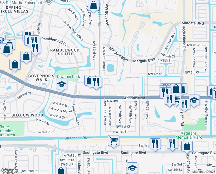 map of restaurants, bars, coffee shops, grocery stores, and more near 104 Northwest 79th Terrace in Margate